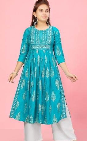 Girls Geometric Printed Mirror Work Anarkali Cotton Kurta